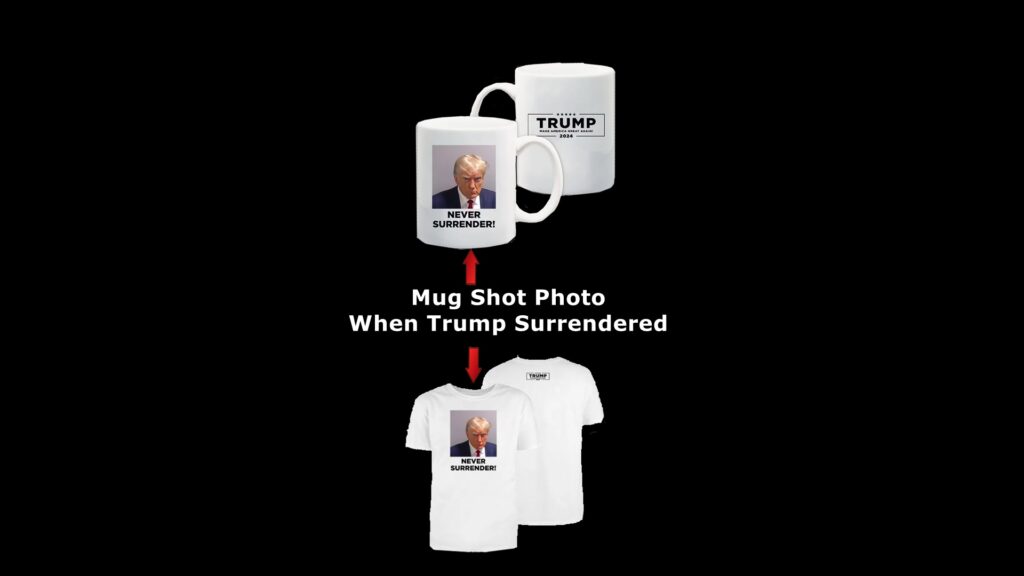Trump, mug shot, booking photo, donations, Never Surrender