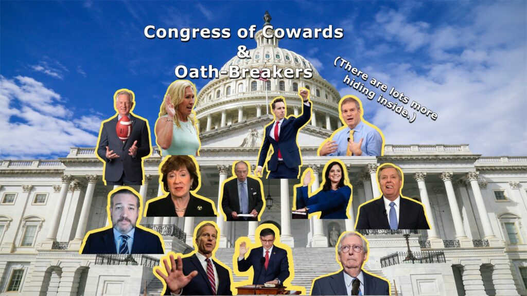 We the People are represented by a Congress of Cowards—politicians who have violated their oaths to uphold the Constitution by their repeated displays of cowardice in the face of fascist bullying by Donald Trump and his political mobsters.