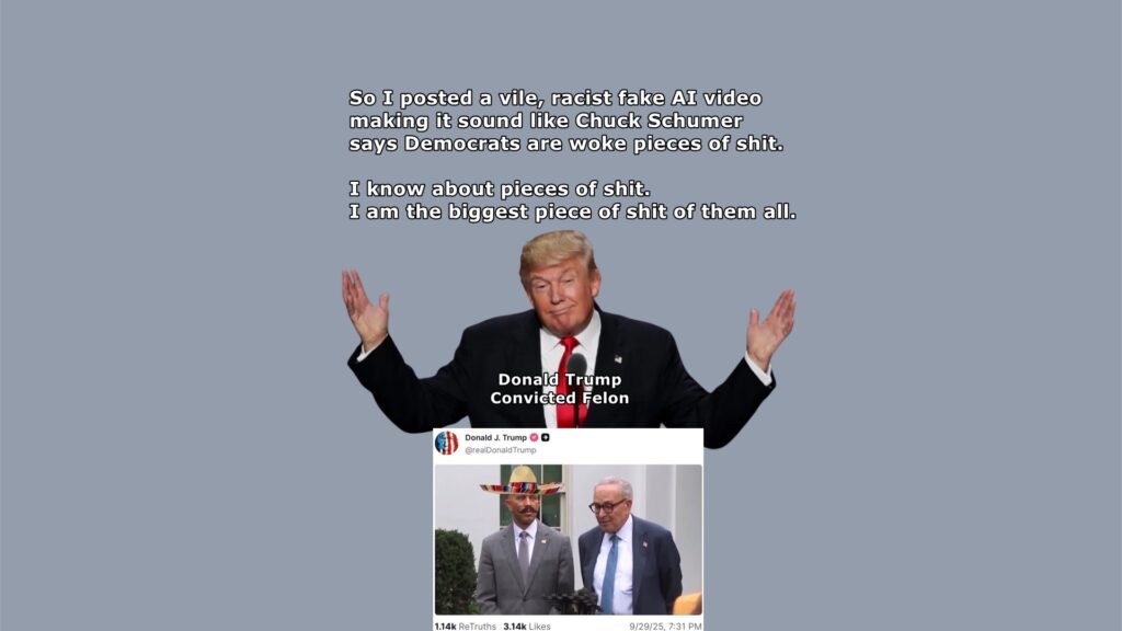 Trump, video, racist, fake, AI, Schumer, Jeffries, shutdown