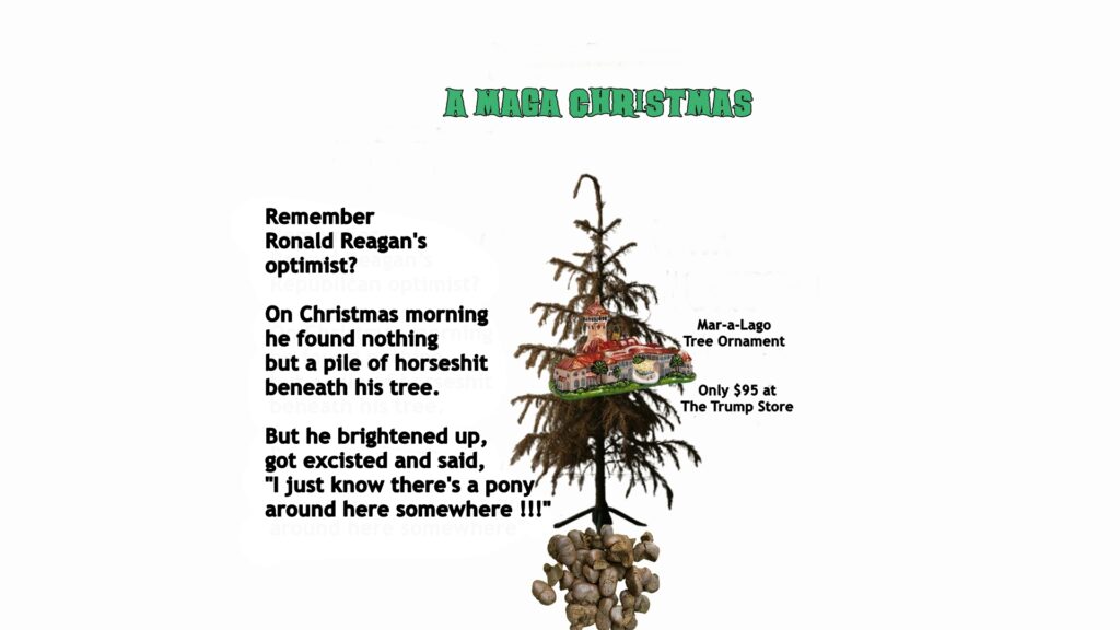 Christmas, tree, Trump, manure, lies, pony, minions, horseshit