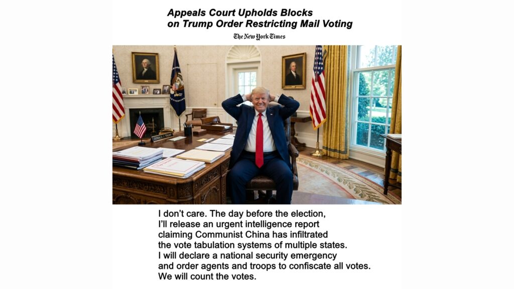 A federal appeals court joined lower courts in blocking Trump's attempt to thwart vote-by-mail in November. But Trump can always lie and say China has infiltrated the voting system so federal agents and troops have to seize all votes as part of a phony national security emergency.