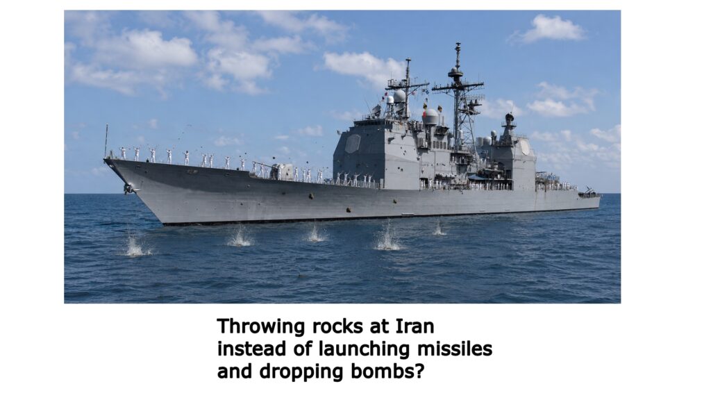 The U.S. military may be forced to throw rocks at Iran, in a manner of speaking, due to Trump squandering missiles and bombs on Iran. U.S. munitions stockpiles are dangerously low.