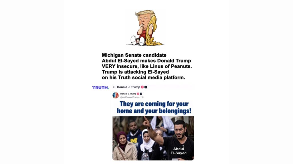 Donald Trump, the hero of White "Christian" racists, has zeroed in on Michigan Senate candidate Abdul El-Sayed as his November election goblin. El-Sayed is Arab-American, Muslim-and brown.