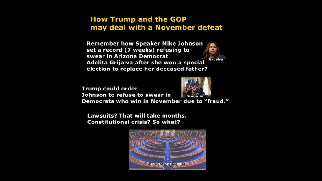 What if the Dems win in November and Speaker Mike Johnson refuses to swear them in? What then? Loss of power, loss of control, equals desperation. Trump and Johnson are desperate men.